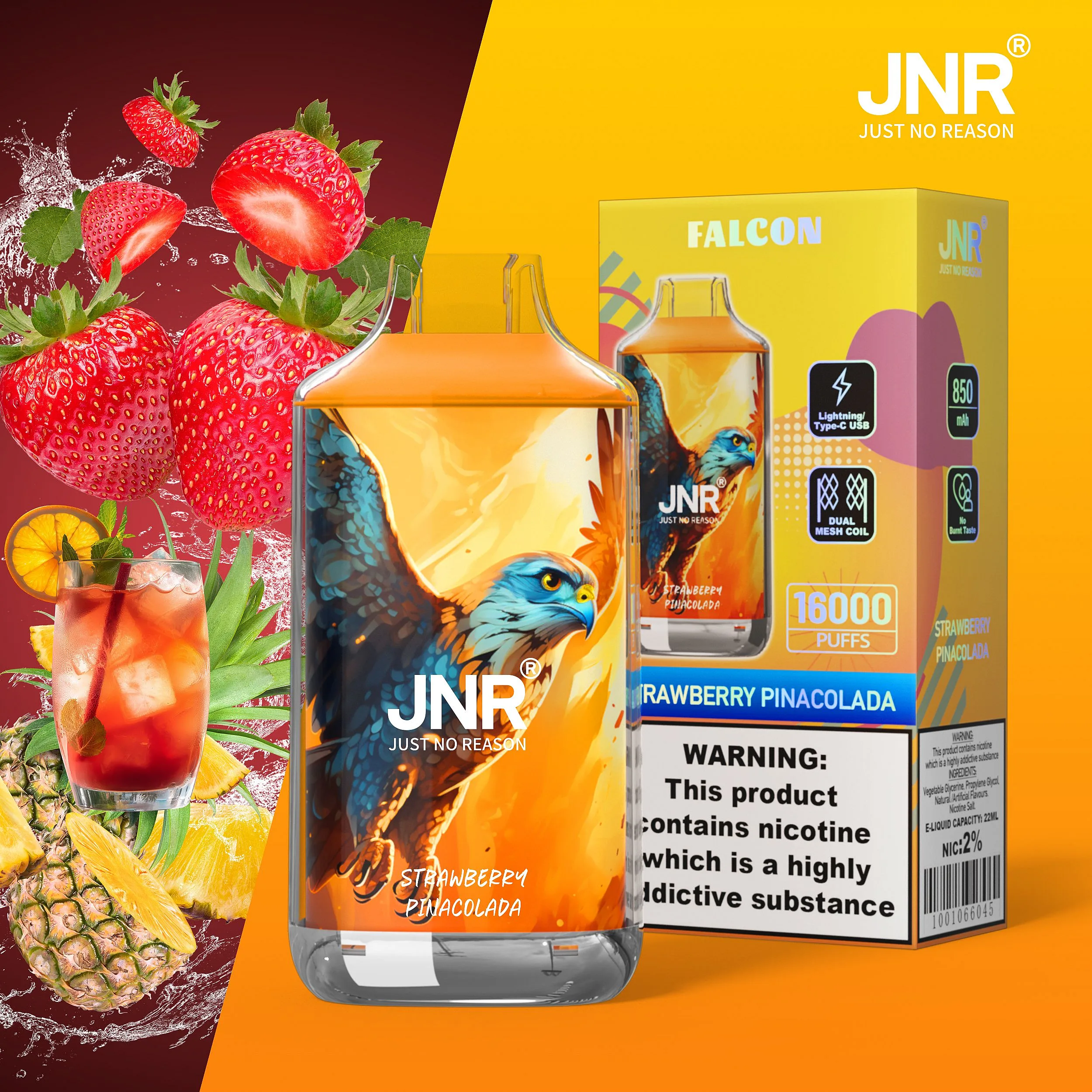 JNR FALON 16000 16K Puffs Disposable Vape Adjustable Airflow EU Warehouse-Strawberry-Pinacolada-FN24
