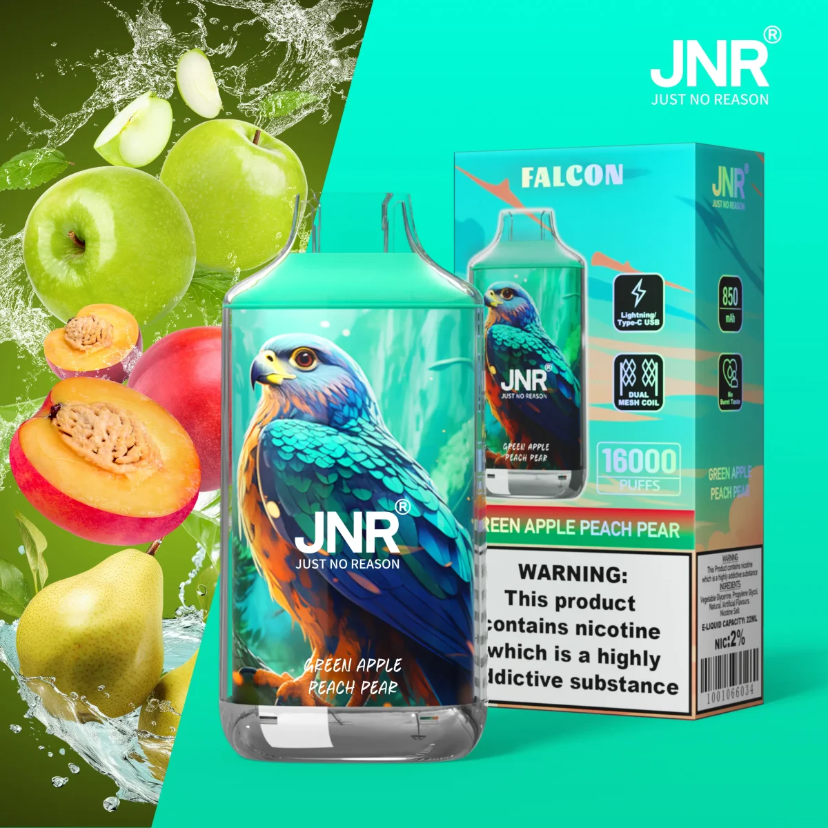 JNR Falon 16000 16k Puffs – Disposable Vape  - Green Apple Peach Pear